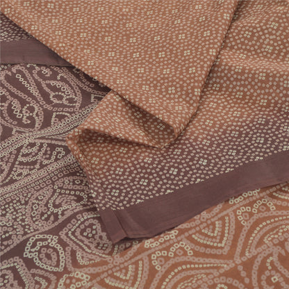 Sanskriti Vintage Sarees Brown Pure Silk Bandhani Print Sari 6yd Craft Fabric