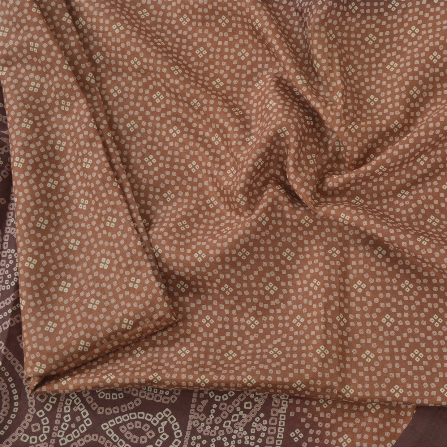 Sanskriti Vintage Sarees Brown Pure Silk Bandhani Print Sari 6yd Craft Fabric