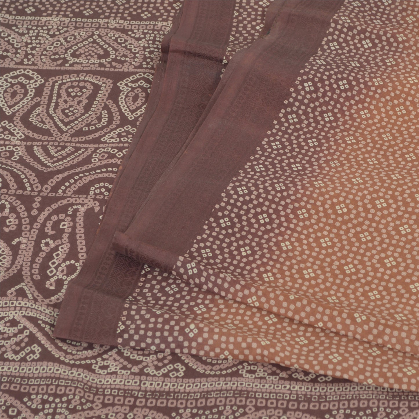 Sanskriti Vintage Sarees Brown Pure Silk Bandhani Print Sari 6yd Craft Fabric