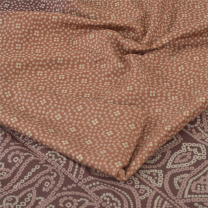 Sanskriti Vintage Sarees Brown Pure Silk Bandhani Print Sari 6yd Craft Fabric