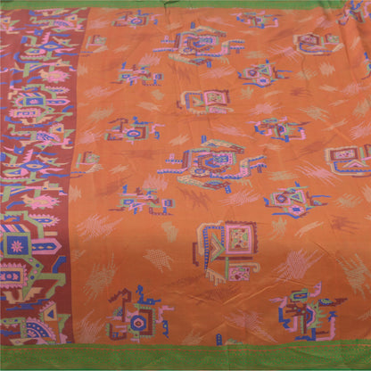 Sanskriti Vintage Sarees Orange 100% Pure Silk Printed Sari 6yd Craft Fabric