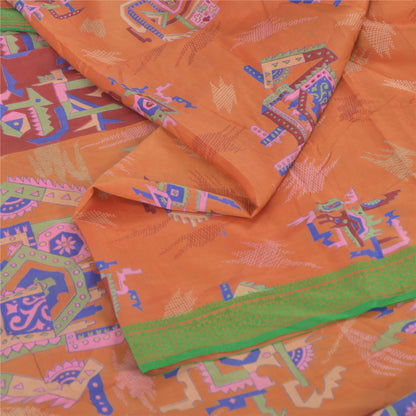 Sanskriti Vintage Sarees Orange 100% Pure Silk Printed Sari 6yd Craft Fabric