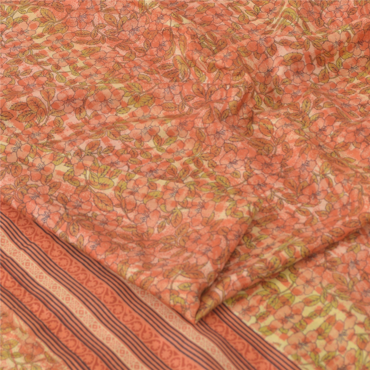 Sanskriti Vintage Sarees Peach Indian Pure Silk Printed Sari 5yd Craft Fabric