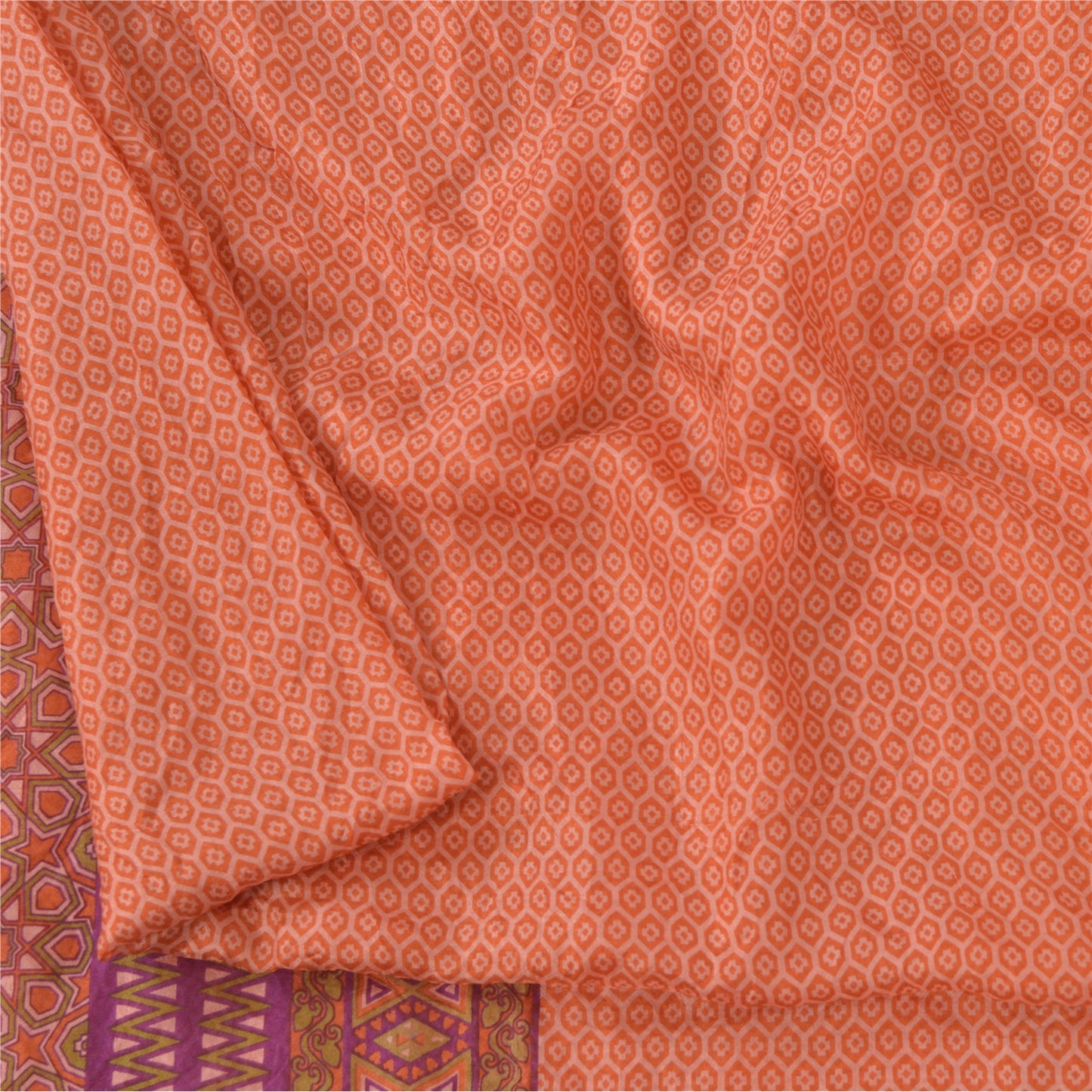 Sanskriti Vintage Sarees Indian Orange Pure Chiffon Print Sari 5yd Craft Fabric