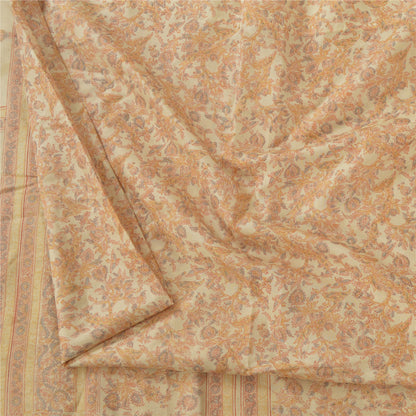 Sanskriti Vintage Sarees Cream Indian Pure Silk Printed Sari 5yd Craft Fabric