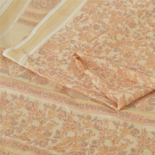 Sanskriti Vintage Sarees Cream Indian Pure Silk Printed Sari 5yd Craft Fabric