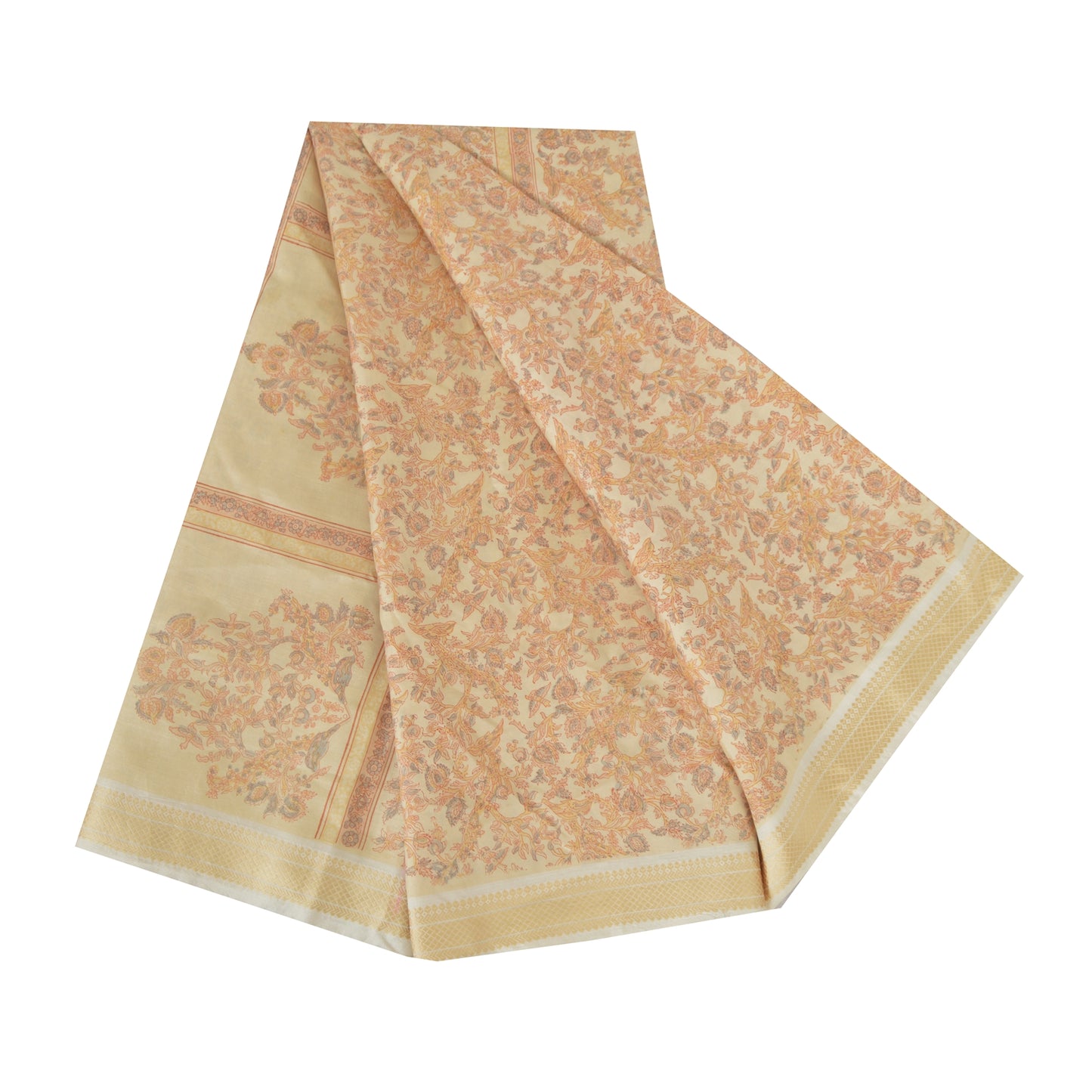 Sanskriti Vintage Sarees Cream Indian Pure Silk Printed Sari 5yd Craft Fabric