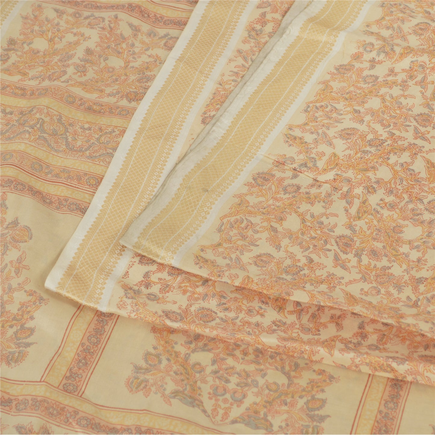 Sanskriti Vintage Sarees Cream Indian Pure Silk Printed Sari 5yd Craft Fabric