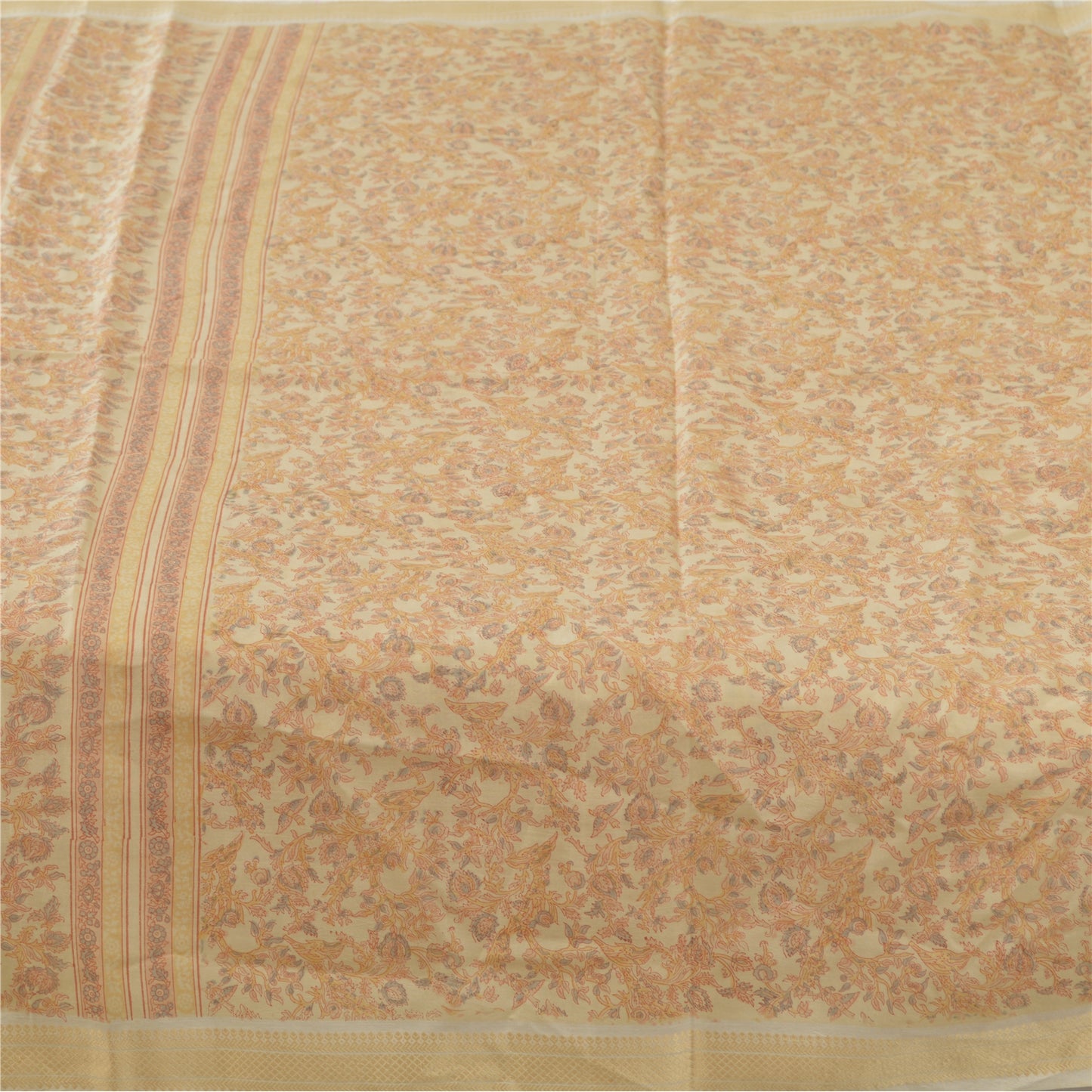 Sanskriti Vintage Sarees Cream Indian Pure Silk Printed Sari 5yd Craft Fabric