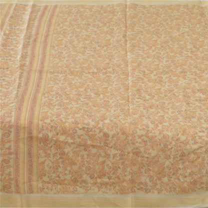 Sanskriti Vintage Sarees Cream Indian Pure Silk Printed Sari 5yd Craft Fabric