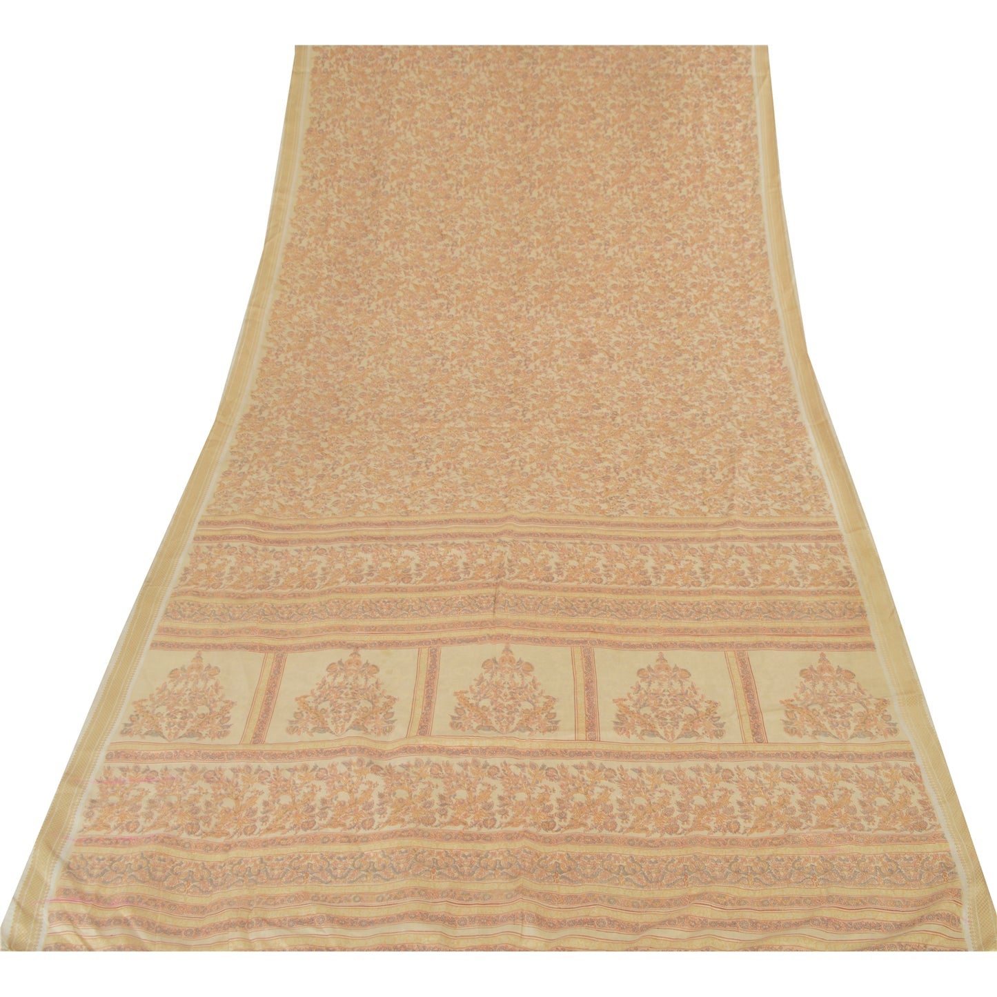 Sanskriti Vintage Sarees Cream Indian Pure Silk Printed Sari 5yd Craft Fabric