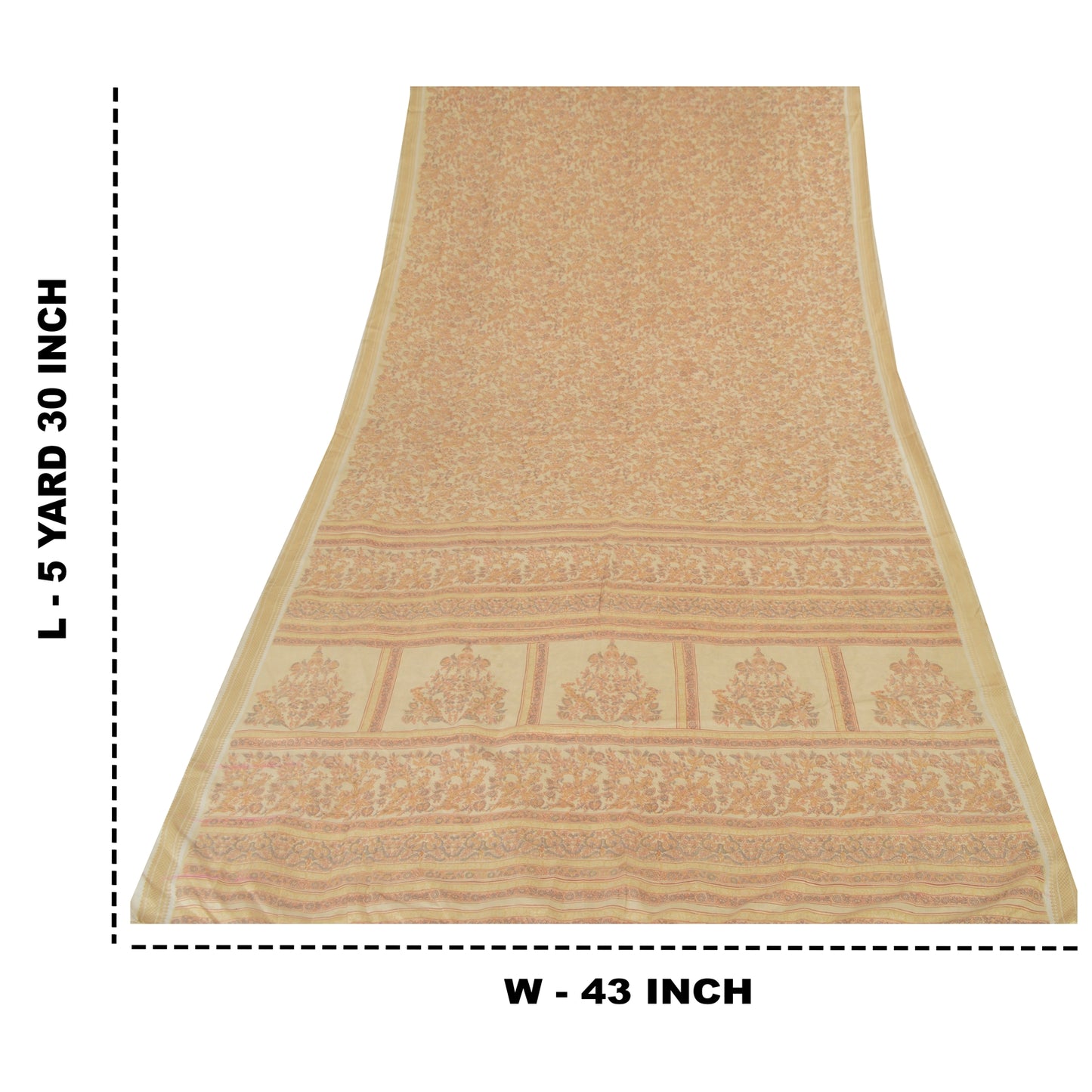 Sanskriti Vintage Sarees Cream Indian Pure Silk Printed Sari 5yd Craft Fabric