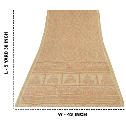 Sanskriti Vintage Sarees Cream Indian Pure Silk Printed Sari 5yd Craft Fabric