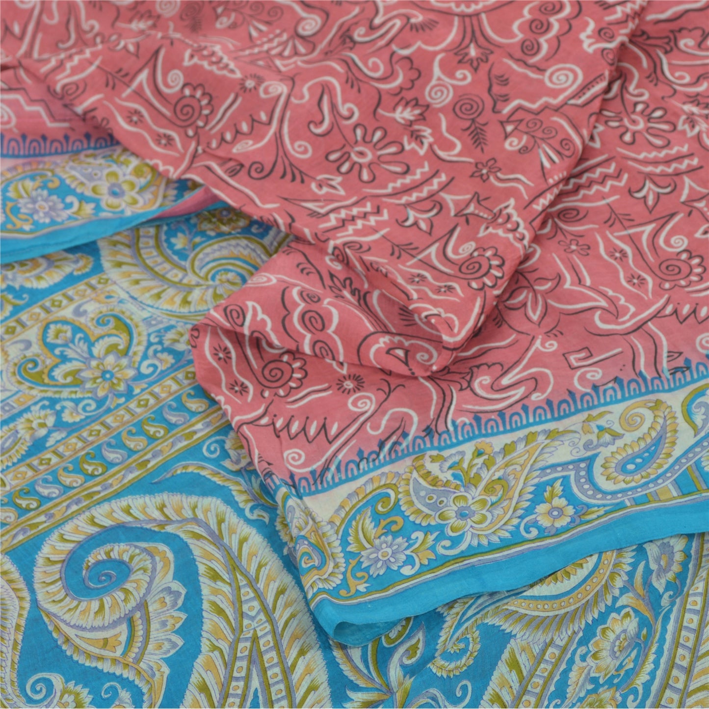 Sanskriti Vintage Sarees Pink/Blue 100% Pure Silk Printed Sari 5yd Craft Fabric