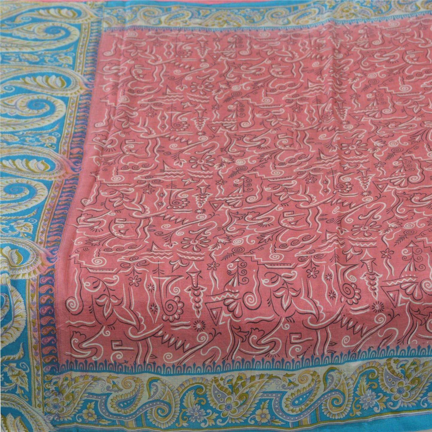 Sanskriti Vintage Sarees Pink/Blue 100% Pure Silk Printed Sari 5yd Craft Fabric