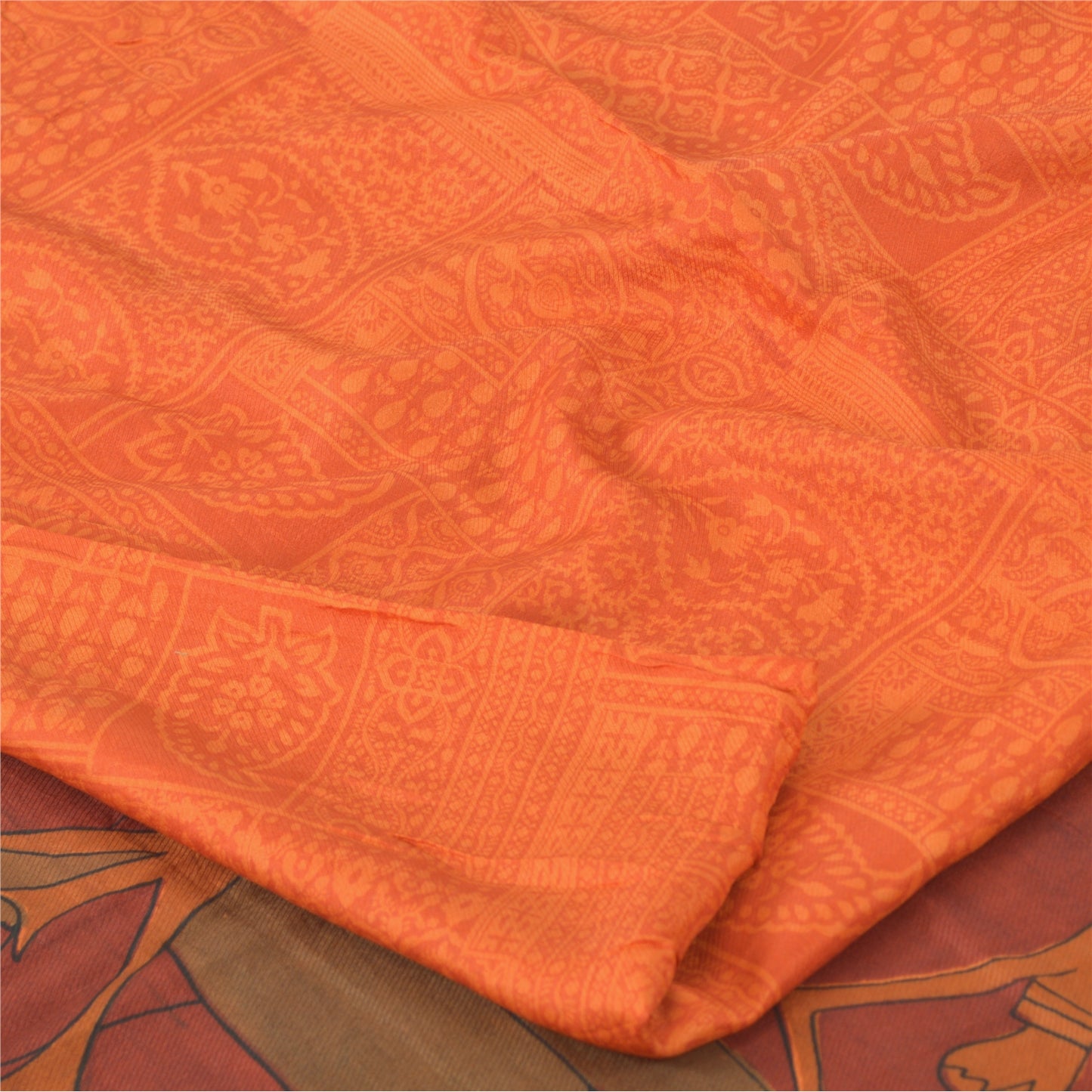 Sanskriti Vintage Sarees Orange Indian Pure Silk Printed Sari 6yd Craft Fabric