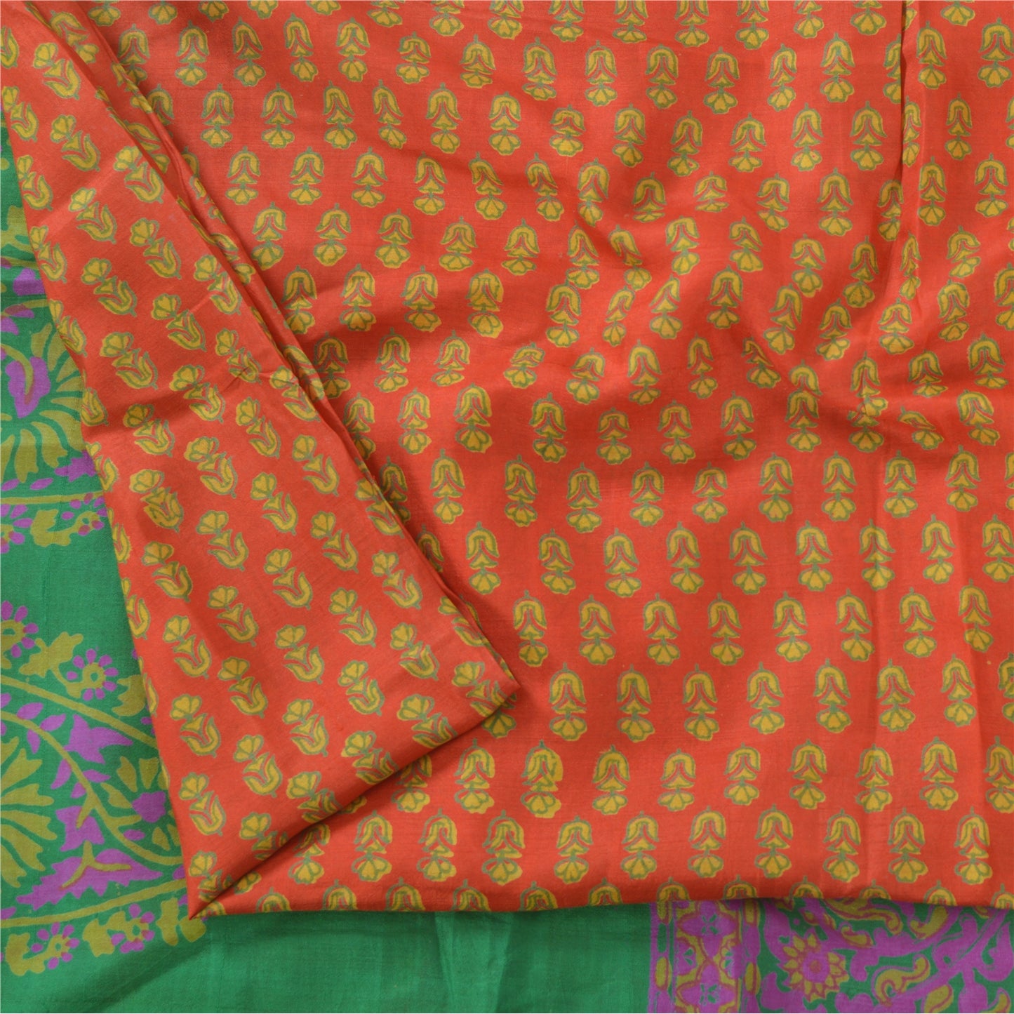 Sanskriti Vintage Sarees Indian Orange Pure Silk Printed Sari 5yd Craft Fabric