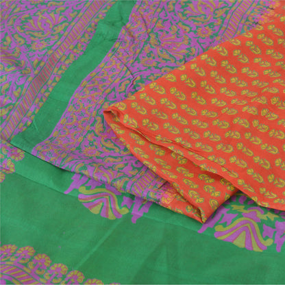 Sanskriti Vintage Sarees Indian Orange Pure Silk Printed Sari 5yd Craft Fabric