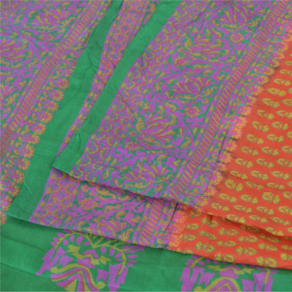 Sanskriti Vintage Sarees Indian Orange Pure Silk Printed Sari 5yd Craft Fabric