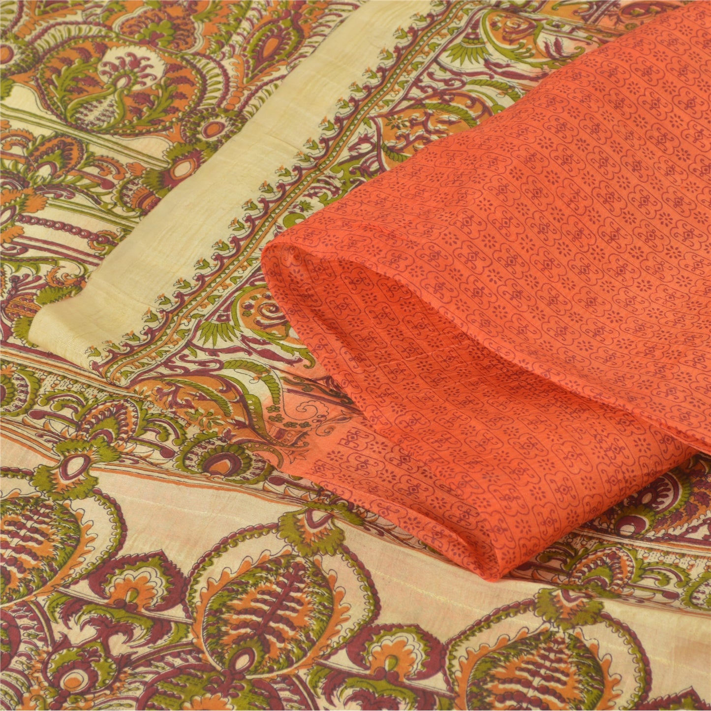 Sanskriti Vintage Sarees Indian Orange Pure Silk Printed Sari 5yd Craft Fabric