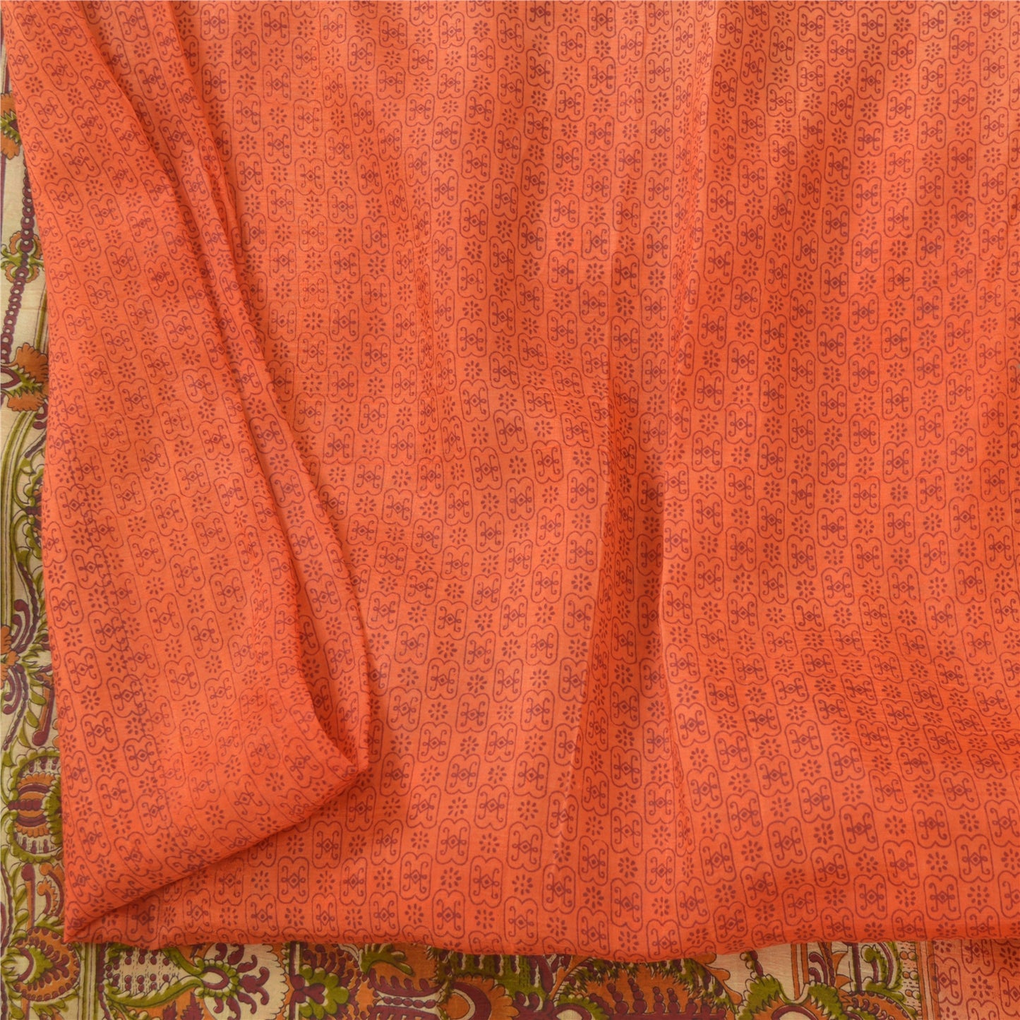 Sanskriti Vintage Sarees Indian Orange Pure Silk Printed Sari 5yd Craft Fabric