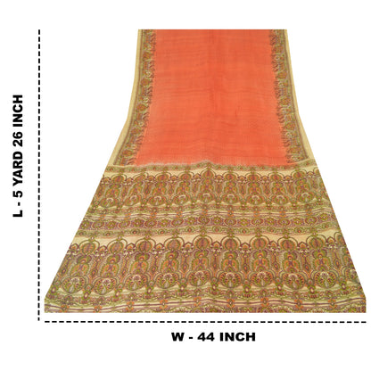 Sanskriti Vintage Sarees Indian Orange Pure Silk Printed Sari 5yd Craft Fabric