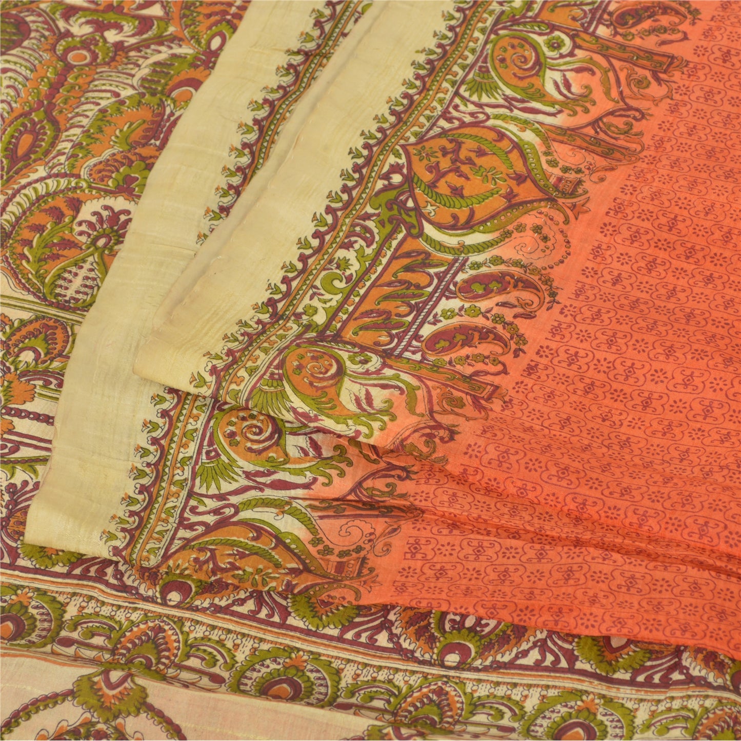 Sanskriti Vintage Sarees Indian Orange Pure Silk Printed Sari 5yd Craft Fabric