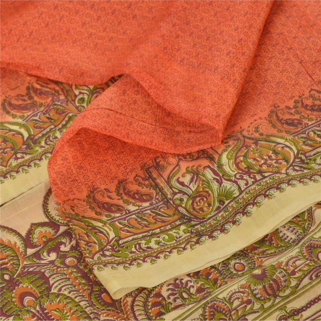 Sanskriti Vintage Sarees Indian Orange Pure Silk Printed Sari 5yd Craft Fabric