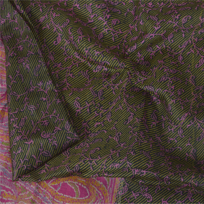 Sanskriti Vintage Sarees Green/Pink Blend Silk Printed Sari 5yd SoftCraft Fabric