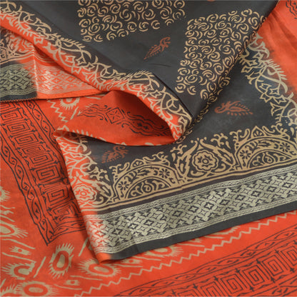 Sanskriti Vintage Sarees Black/Orange Pure Silk Printed Sari 5yd Craft Fabric