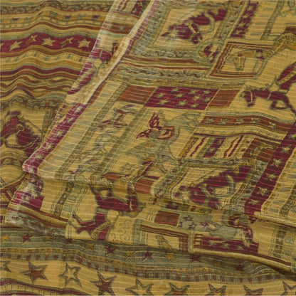 Sanskriti Vintage Sarees Pale-Yellow Pure Silk Printed Sari 5yd Craft Fabric