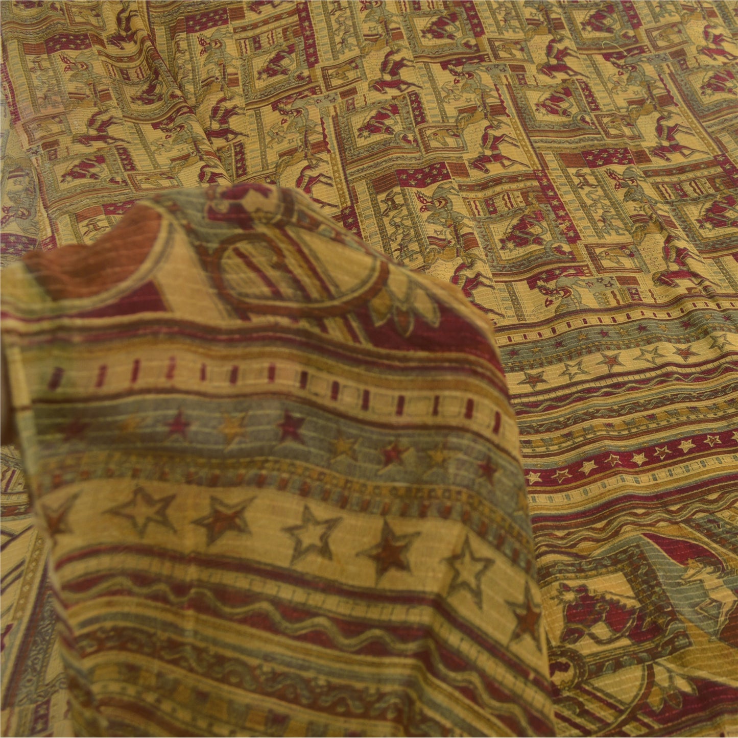 Sanskriti Vintage Sarees Pale-Yellow Pure Silk Printed Sari 5yd Craft Fabric