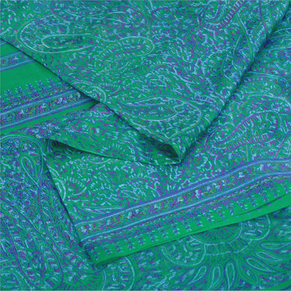 Sanskriti Vintage Sarees Green/Purple Pure Silk Printed Sari 5yd Craft Fabric