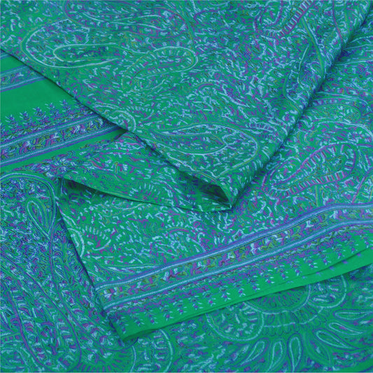 Sanskriti Vintage Sarees Green/Purple Pure Silk Printed Sari 5yd Craft Fabric