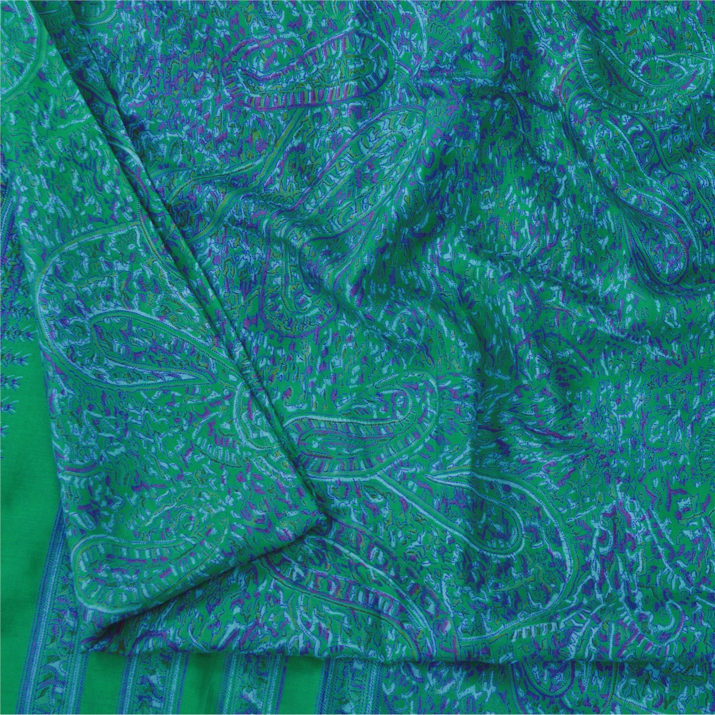 Sanskriti Vintage Sarees Green/Purple Pure Silk Printed Sari 5yd Craft Fabric