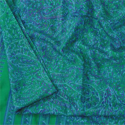 Sanskriti Vintage Sarees Green/Purple Pure Silk Printed Sari 5yd Craft Fabric