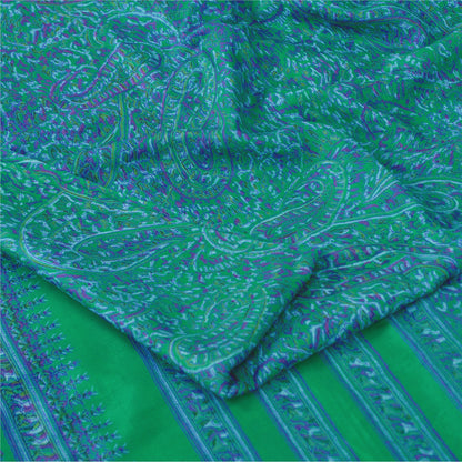 Sanskriti Vintage Sarees Green/Purple Pure Silk Printed Sari 5yd Craft Fabric