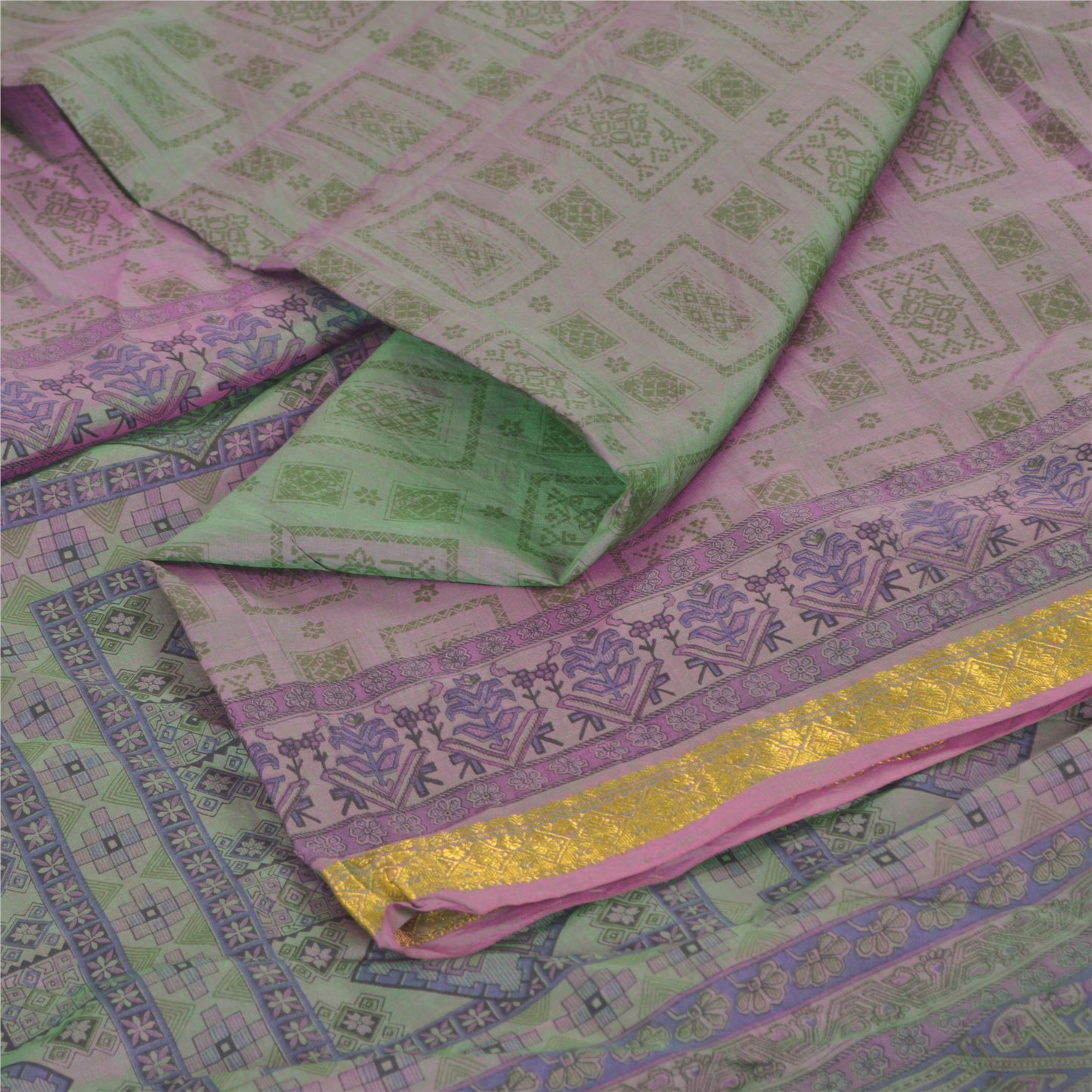 Sanskriti Vintage Sarees Pastel-Green Zari Border Pure Silk Print Sari Fabric