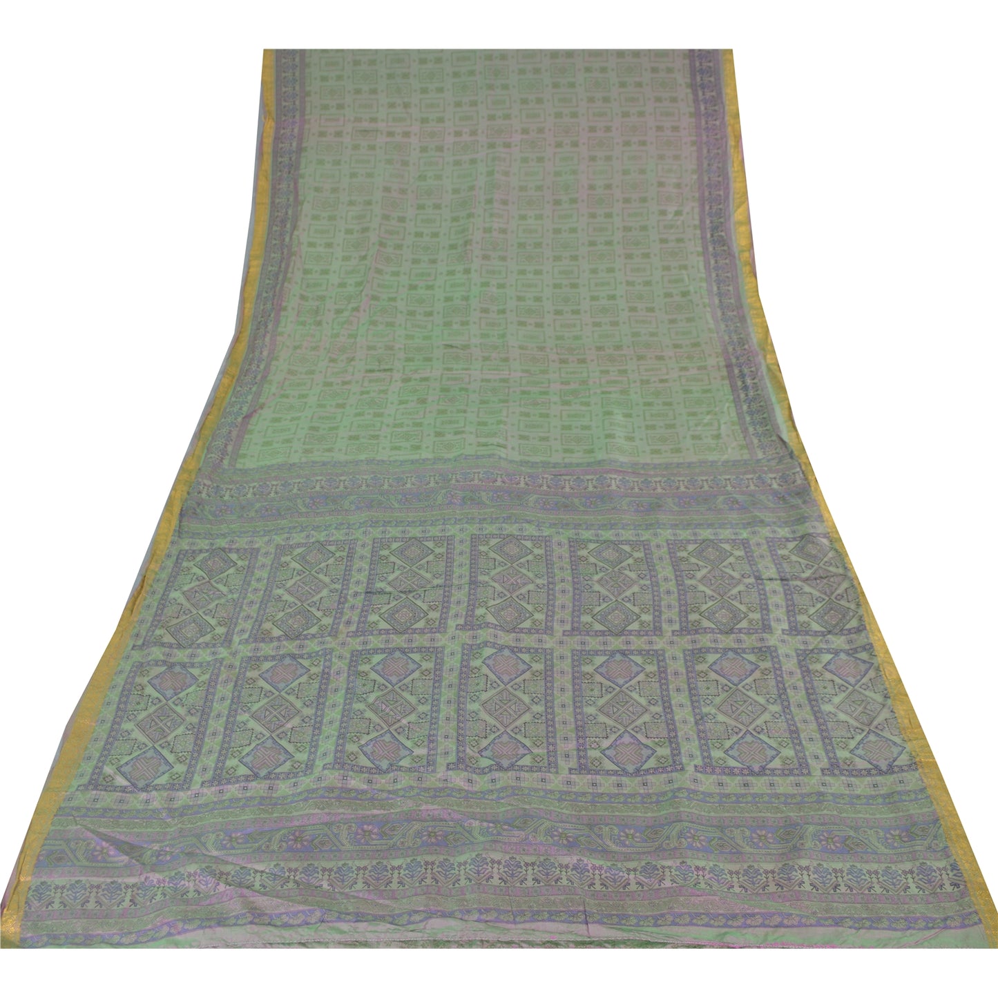 Sanskriti Vintage Sarees Pastel-Green Zari Border Pure Silk Print Sari Fabric