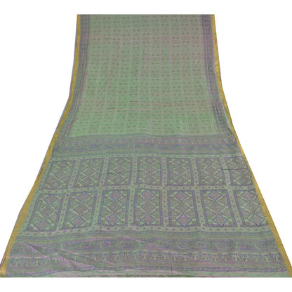 Sanskriti Vintage Sarees Pastel-Green Zari Border Pure Silk Print Sari Fabric