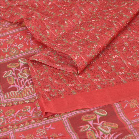 Sanskriti Vintage Sarees Indian Coral Pure Silk Printed Sari 5yd Craft Fabric