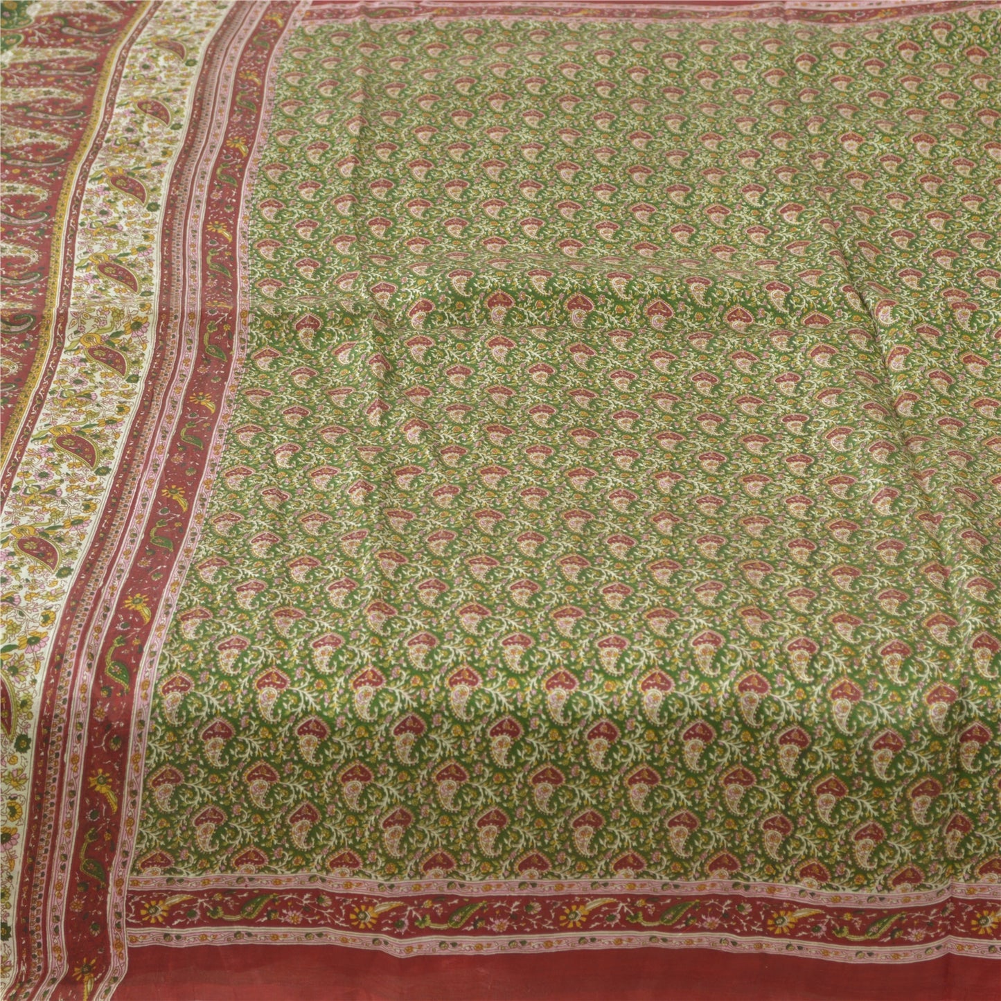 Sanskriti Vintage Sarees Green/Red Indian Pure Silk Print Sari 5yd Craft Fabric