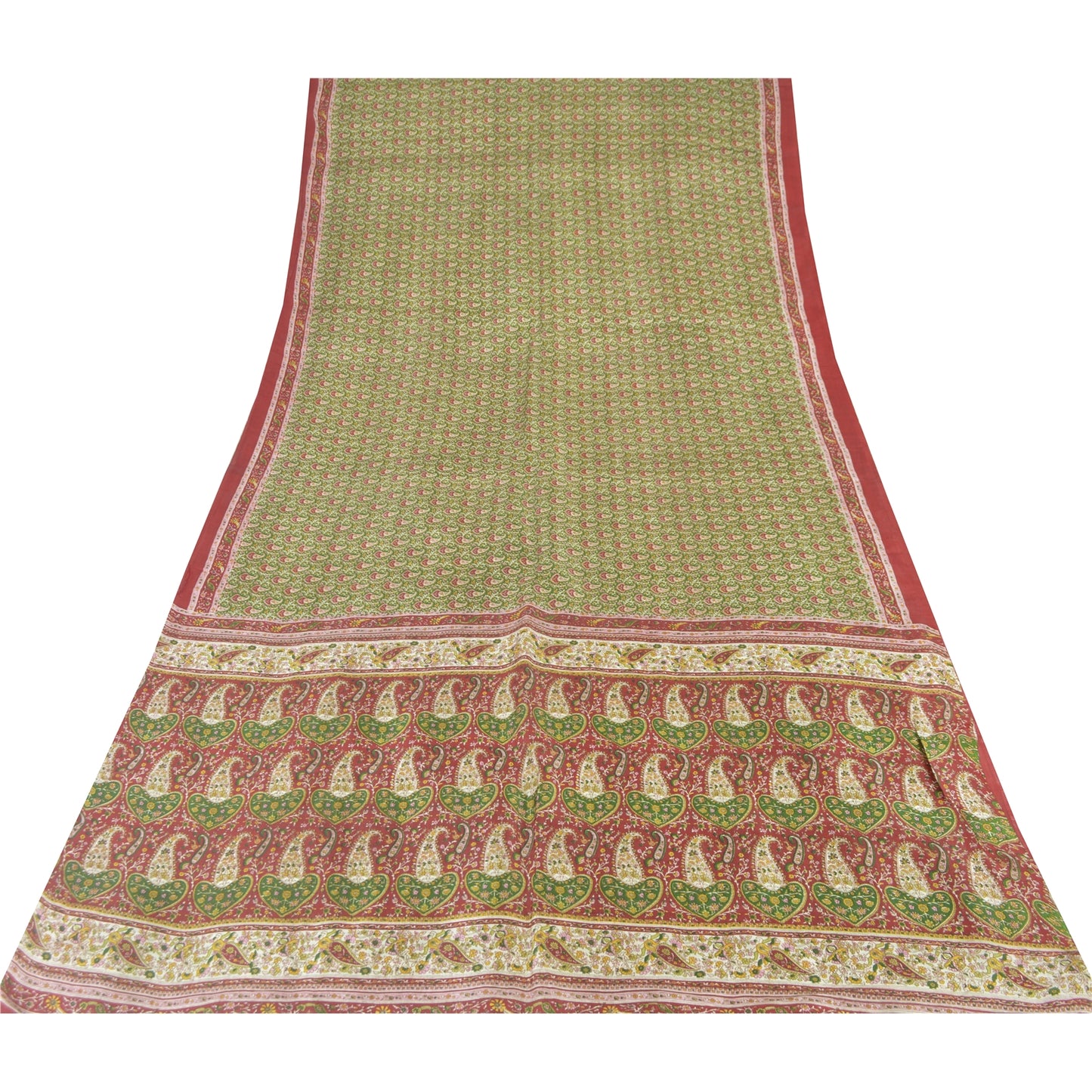 Sanskriti Vintage Sarees Green/Red Indian Pure Silk Print Sari 5yd Craft Fabric