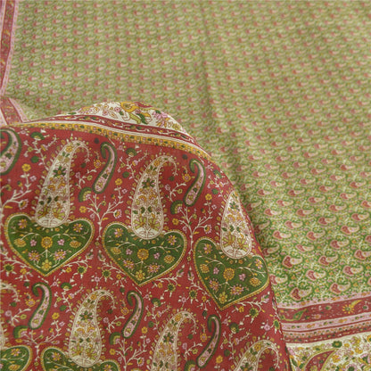 Sanskriti Vintage Sarees Green/Red Indian Pure Silk Print Sari 5yd Craft Fabric