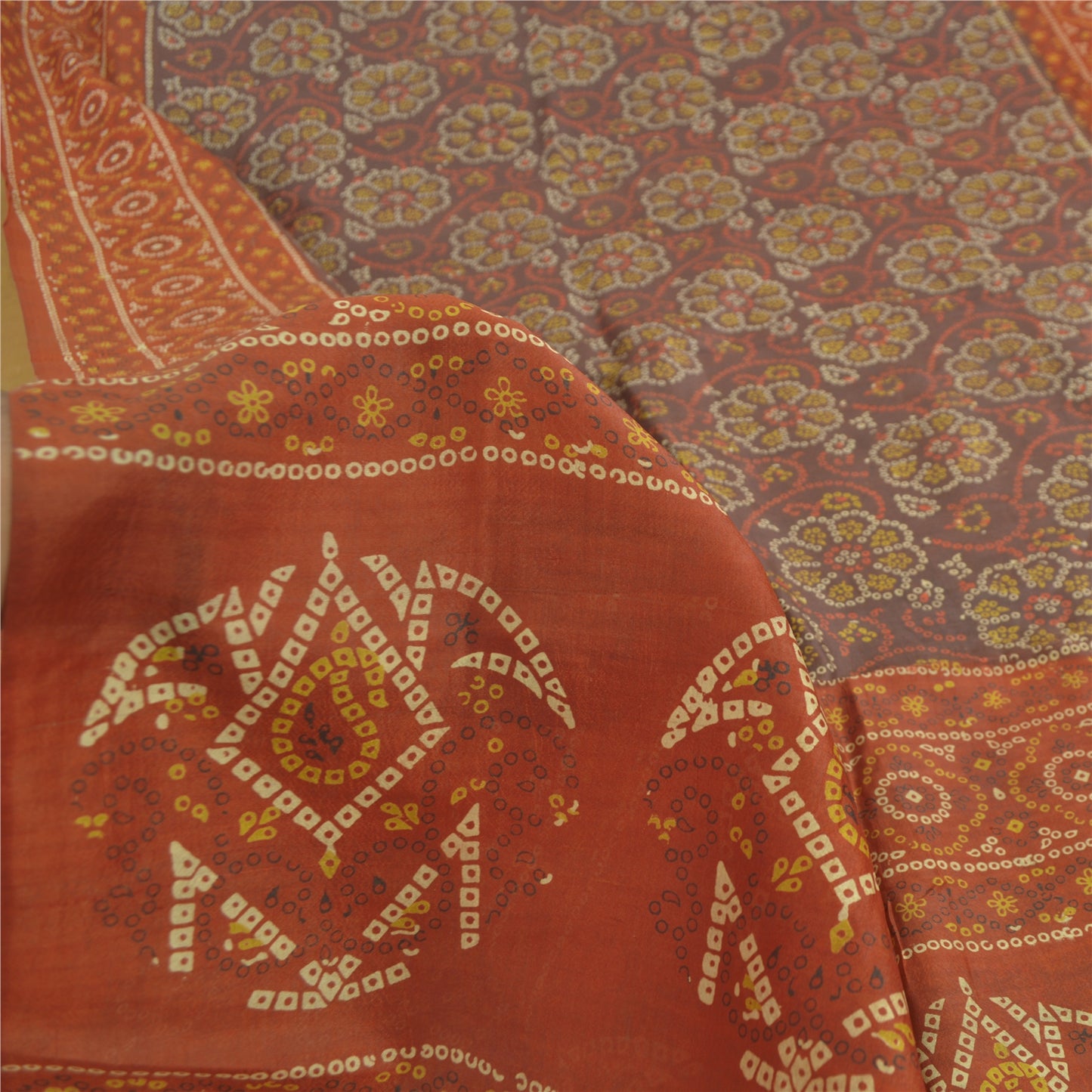 Sanskriti Vintage Sarees Gray/Orange Bandhani Pure Silk Printed Sari 5yd Fabric