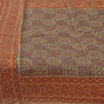 Sanskriti Vintage Sarees Gray/Orange Bandhani Pure Silk Printed Sari 5yd Fabric