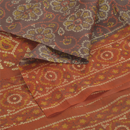 Sanskriti Vintage Sarees Gray/Orange Bandhani Pure Silk Printed Sari 5yd Fabric