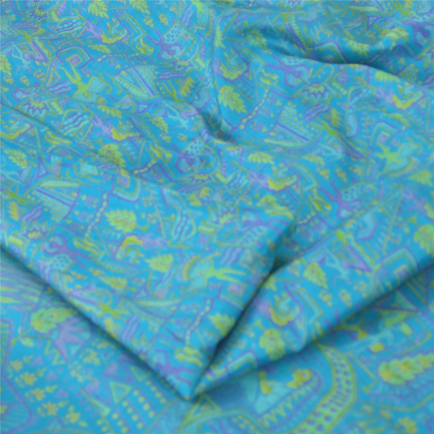 Sanskriti Vintage Sarees Blue Human Printed 100% Pure Silk Sari 6yd Craft Fabric