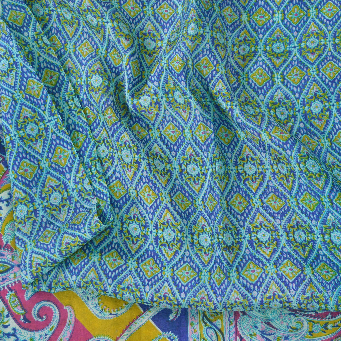 Sanskriti Vintage Sarees Blue From India Pure Silk Printed Sari 5yd Craft Fabric