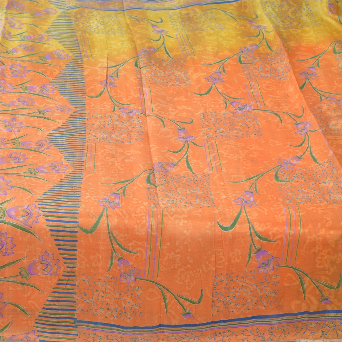 Sanskriti Vintage Sarees Orange/Yellow Pure Silk Printed Sari 6yd Craft Fabric